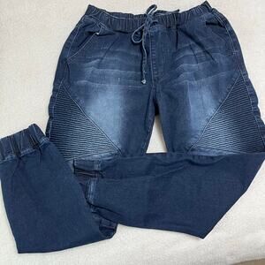 Almost Famous Wimen’s Jogger Denim Jeans Sz Large Elastic/Drawstring Distressed